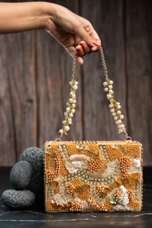Jewel & Beaded Rustic Box Clutch with Shaded Sequins and Pearl Handle