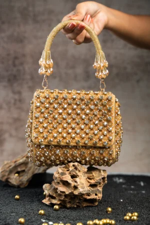 Gold Crystal Beaded Mini Bag with Dazzling Beaded Handle and Luxe Finish