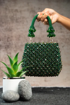 Emerald Green Crystal Beaded Mini Bag with Dazzling Beaded Handle Finish