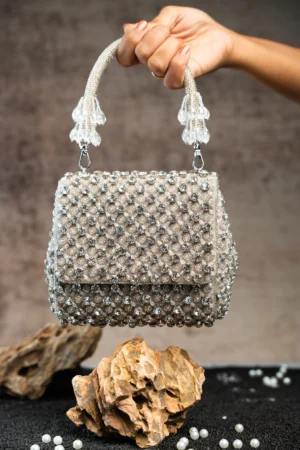 Silver Crystal Beaded Mini Bag with Dazzling Beaded Handle and Luxe Finish