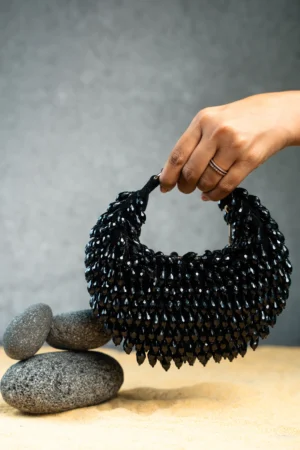 Pristine Sailor Noir Black Beaded Clutch with Gold Hardware and Luxe Finish