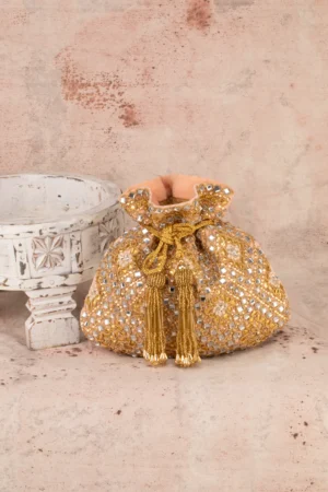 Blush Pink Mirror & Abla Work Potli with Gold Embroidery and Tassel Detail