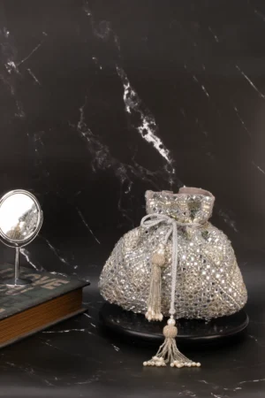 Silver Mirror & Abla Work Potli with Intricate Embroidery and Tassel Detail