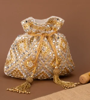 Ivory Mirror & Abla Work Potli with Gold Embroidery and Tassel Detail