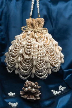 Gold Pearl Scalloped Frame Clutch with Pearly Beaded Handle Detail