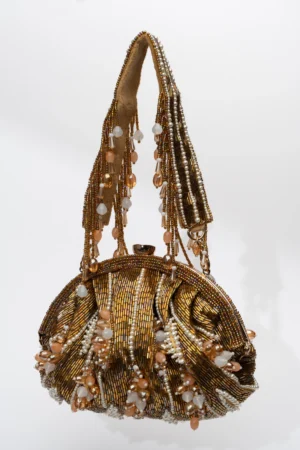 Antique Gold and Grey Beaded Clutch with Tassel Handle and Studded Frame