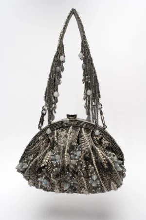 Silver and Grey Beaded Clutch with Studded Frame and Beaded Tassel Handle
