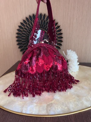 Maroon Half Frame Clutch with Pearl and Crystal Tassel Embellishments