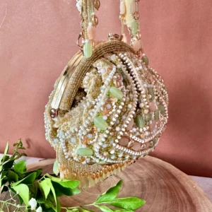 Pastel Beaded Clutch with Studded Frame and Beaded Handle Finish