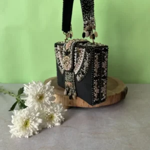 Black Beaded Box Clutch with Studded Frame and Beaded Handle Finish