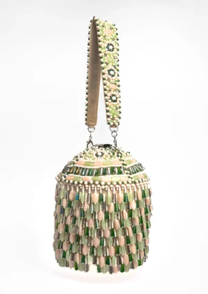 Green and Off White Beaded Potli with Decorative Lock Detail