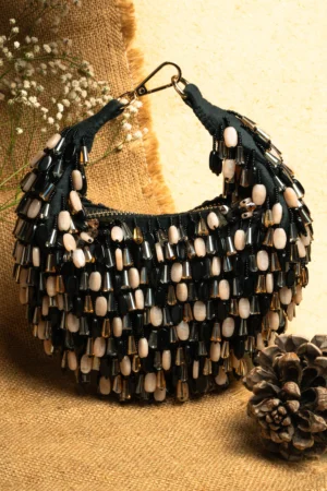 Black and Cream Tasseled Potli with Beaded Tassels and Modern Glam