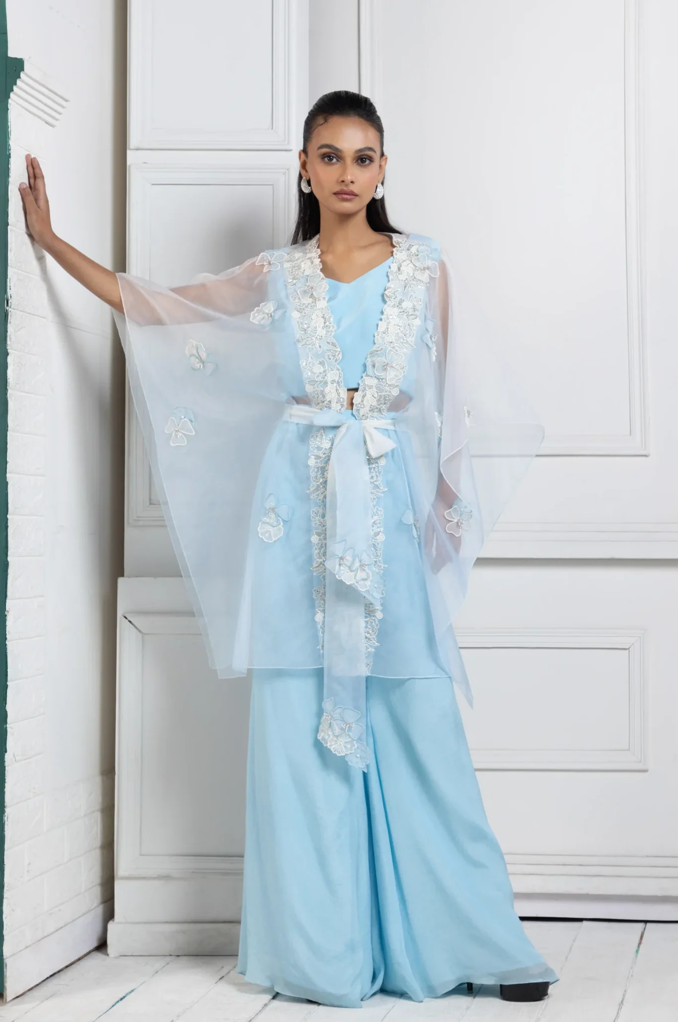 Powder Blue Embroidered Three Piece Ensemble with organza cape from Golden Muslin By Anuj Agarwal