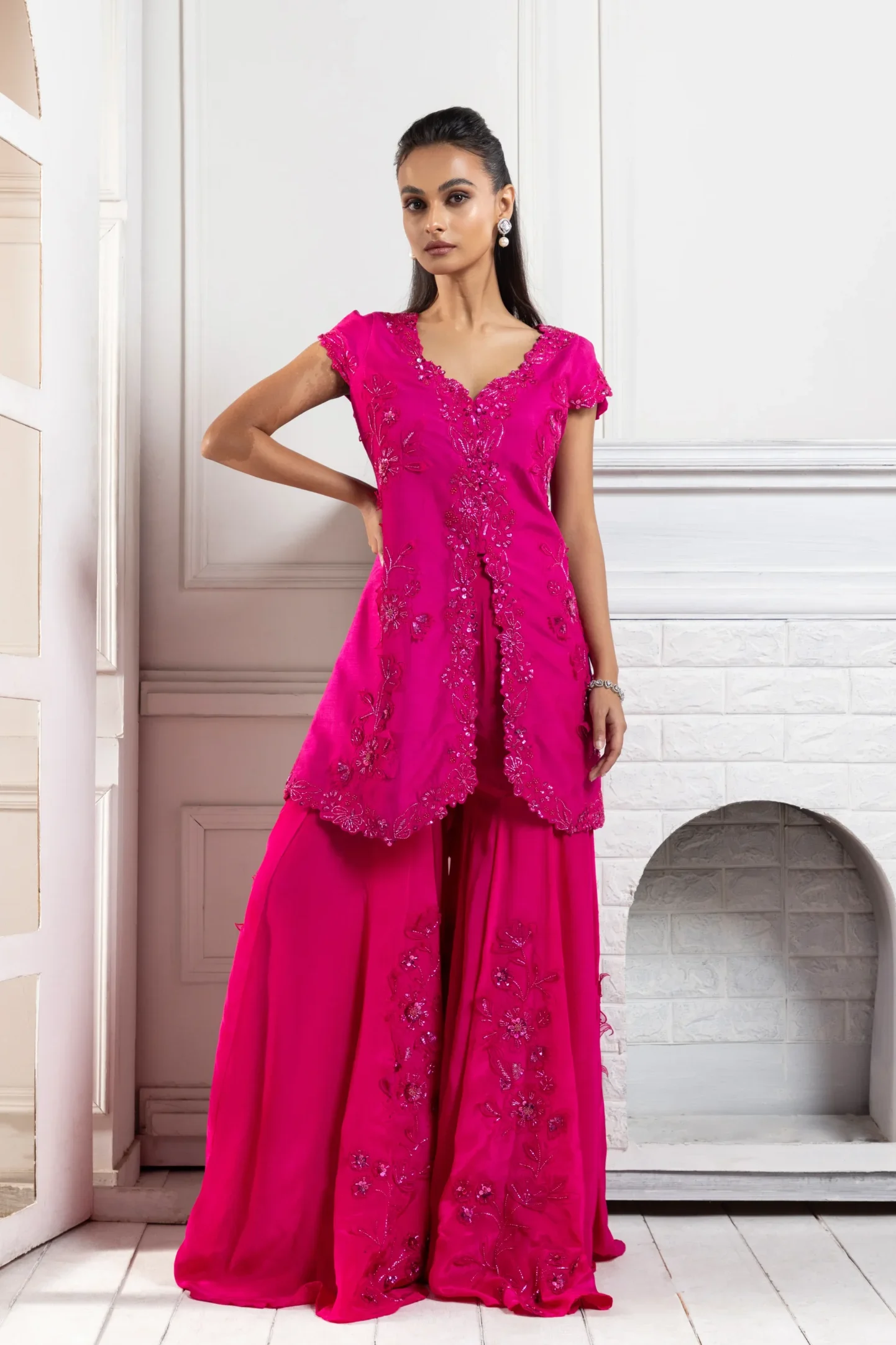 Fuchsia Bloom Embroidered Lehenga Set with floral embroidery from Golden Muslin By Anuj Agarwal