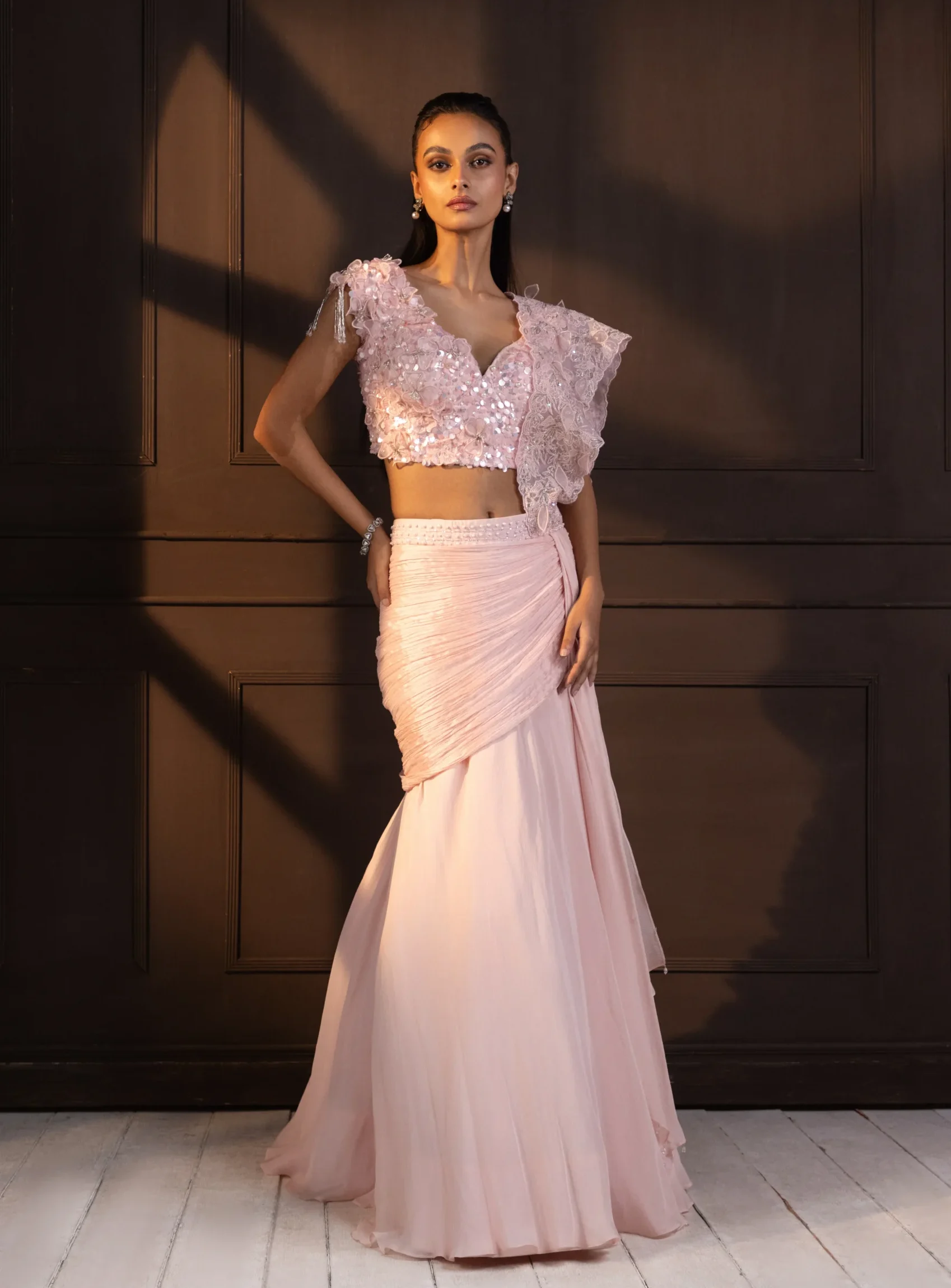Powder Pink Crystal Embellished Drape Saree Gown with lace applique from Golden Muslin By Anuj Agarwal