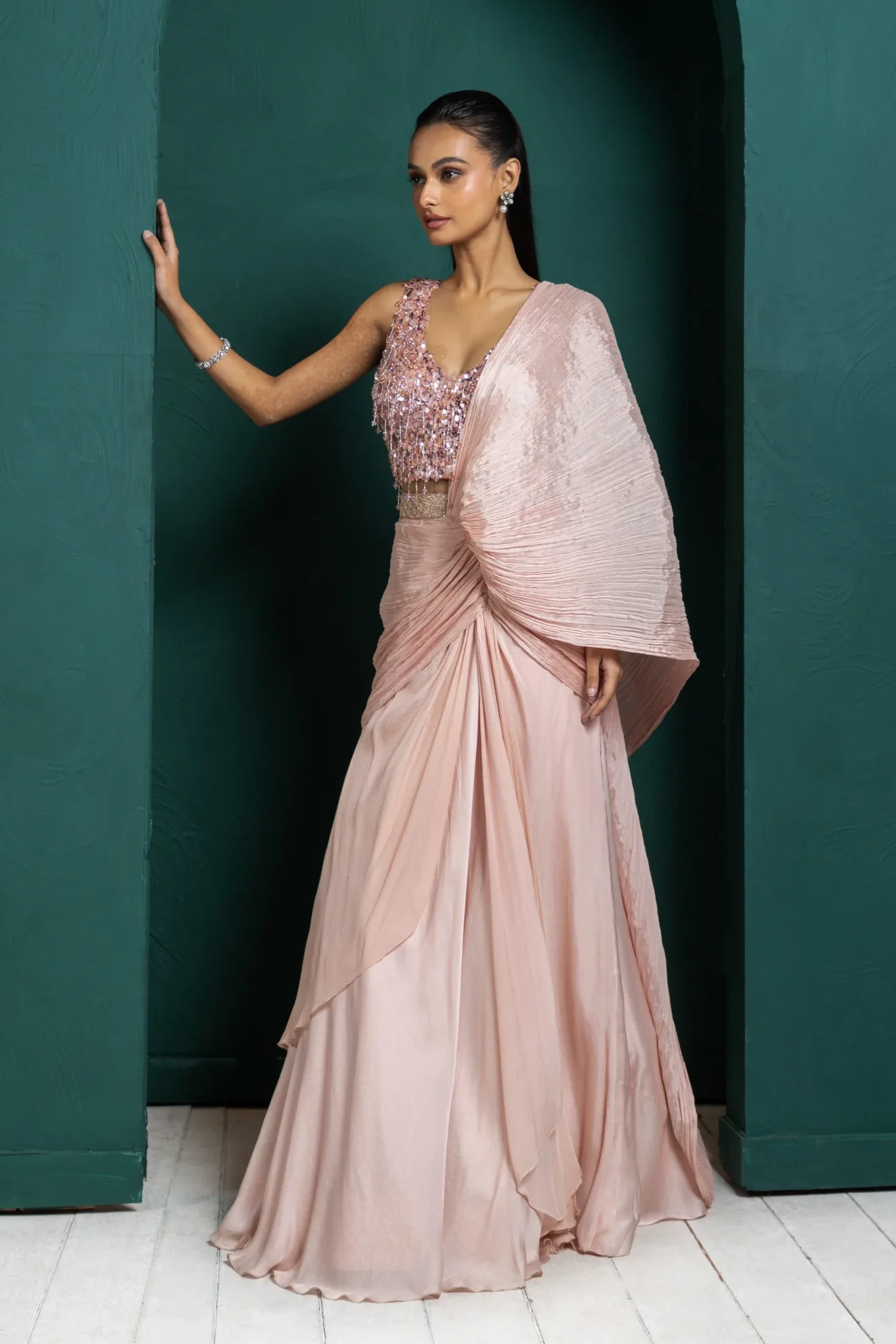 Blush Elegance Draped Skirt Set with sequin blouse and dupatta from Golden Muslin By Anuj Agarwal