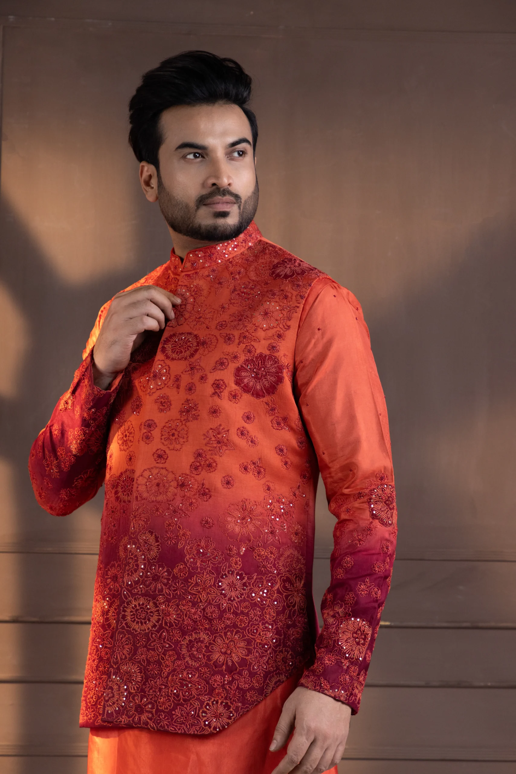 Ombre Silk Nehru Jacket with floral print gradient from Golden Muslin By Anuj Agarwal