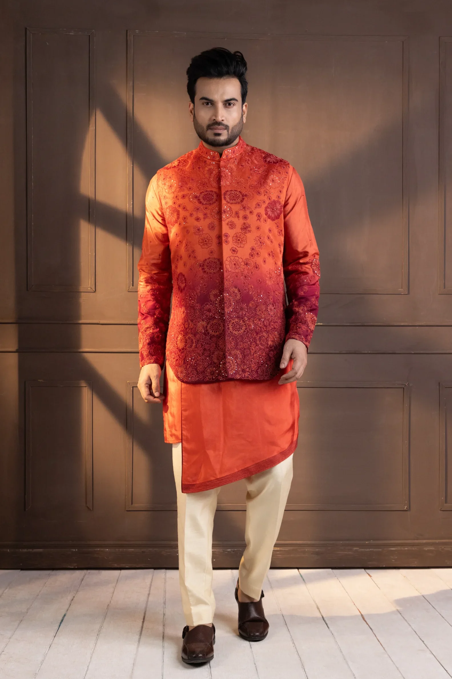 Orange Kurta and Ombre Nehru Jacket Set with floral embroidery from Golden Muslin By Anuj Agarwal