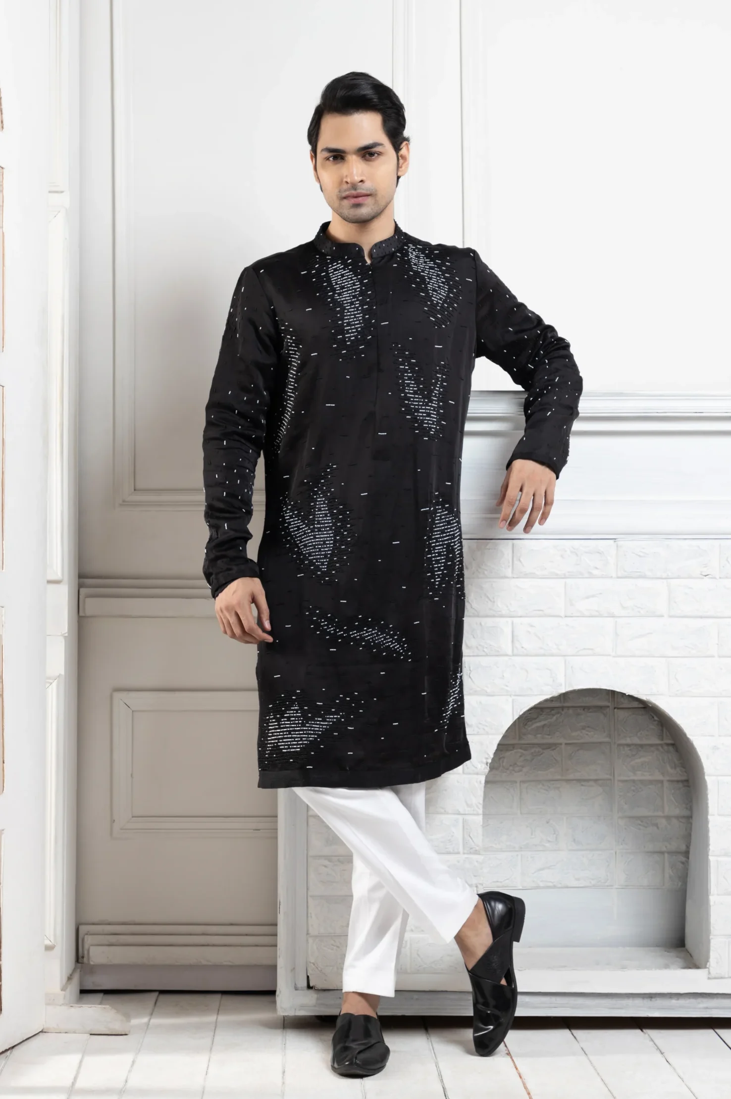 Embellished Onyx Black Kurta with tonal sequins and embroidery from Golden Muslin By Anuj Agarwal