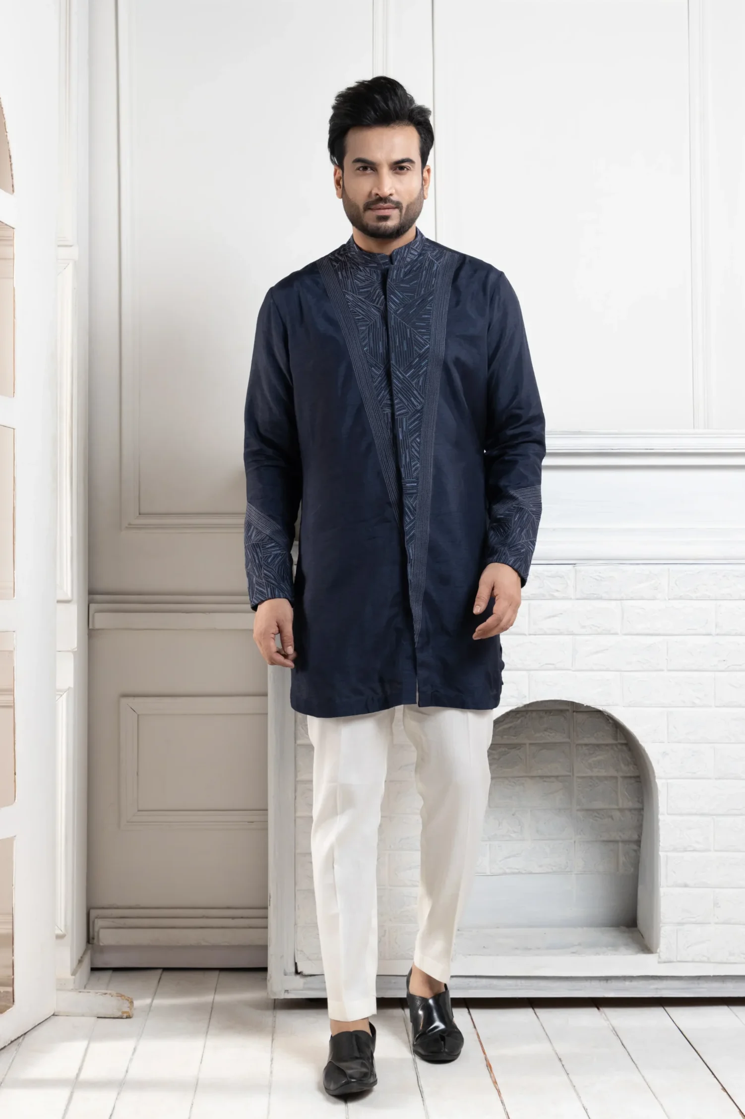Deep Sapphire Embroidered Kurta Set with ivory trousers from Golden Muslin By Anuj Agarwal
