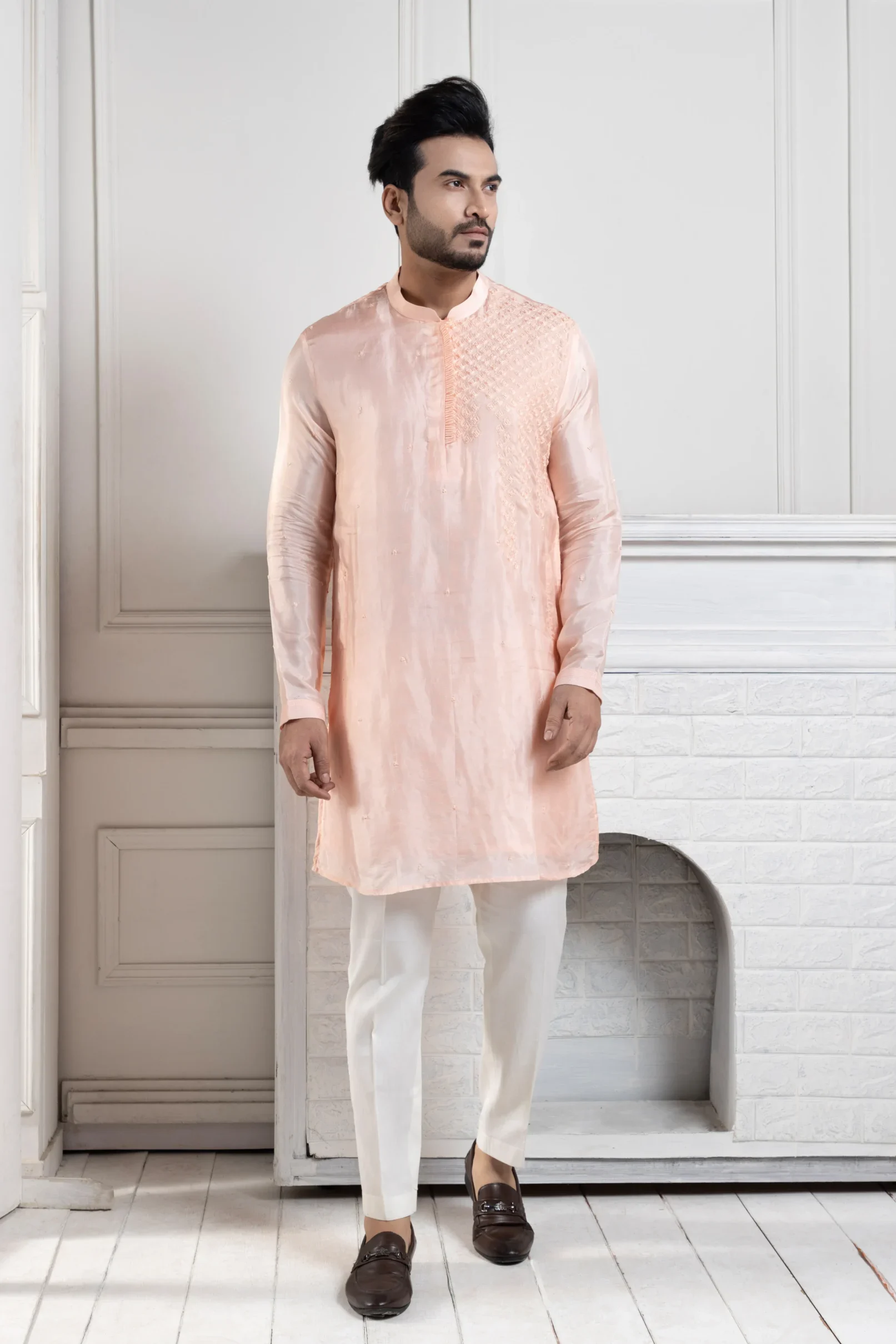 Peach Embroidered Kurta with tonal detailing from Golden Muslin By Anuj Agarwal