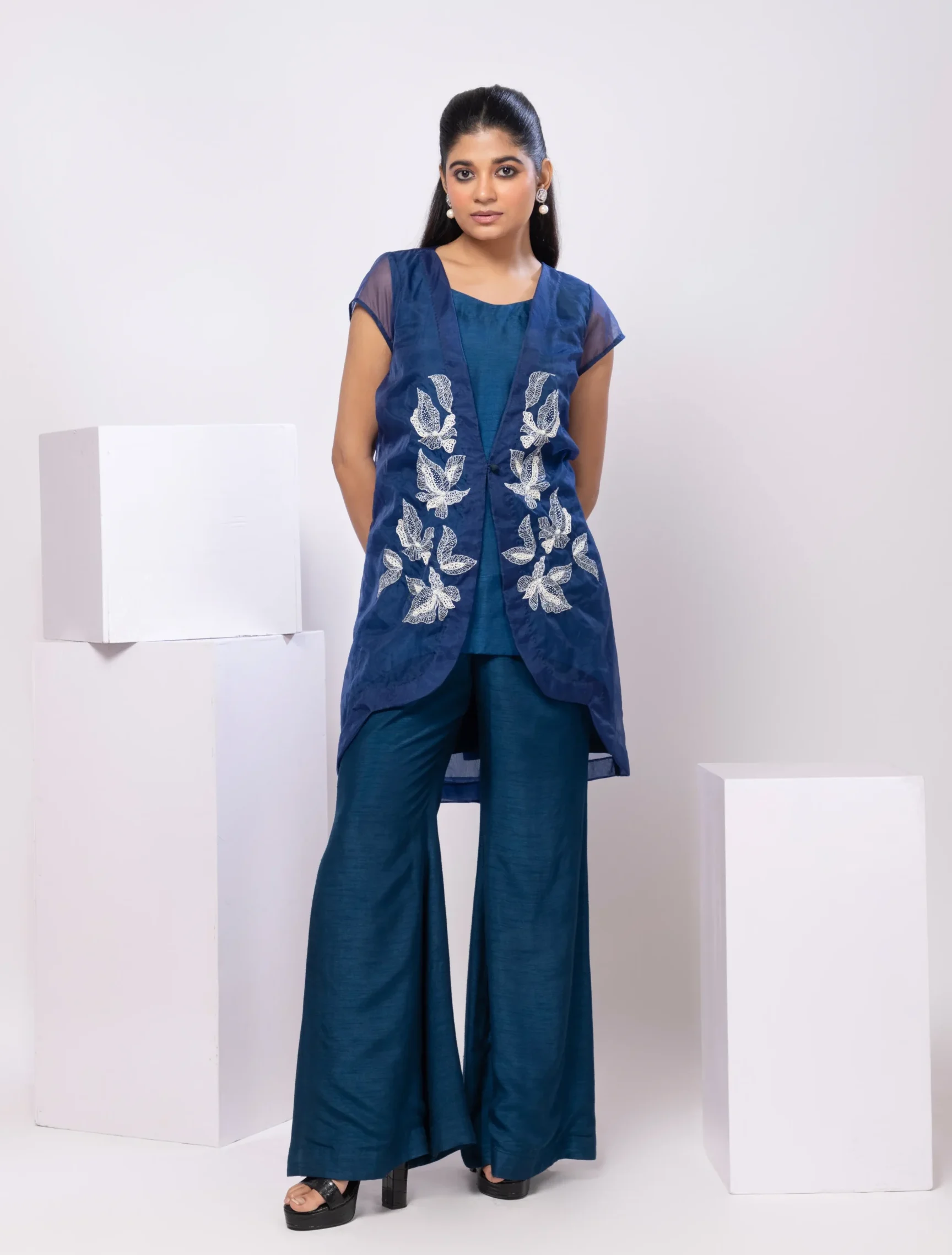 Midnight Blue Embroidered Co-Ord Set with silver leaf design from Golden Muslin By Anuj Agarwal