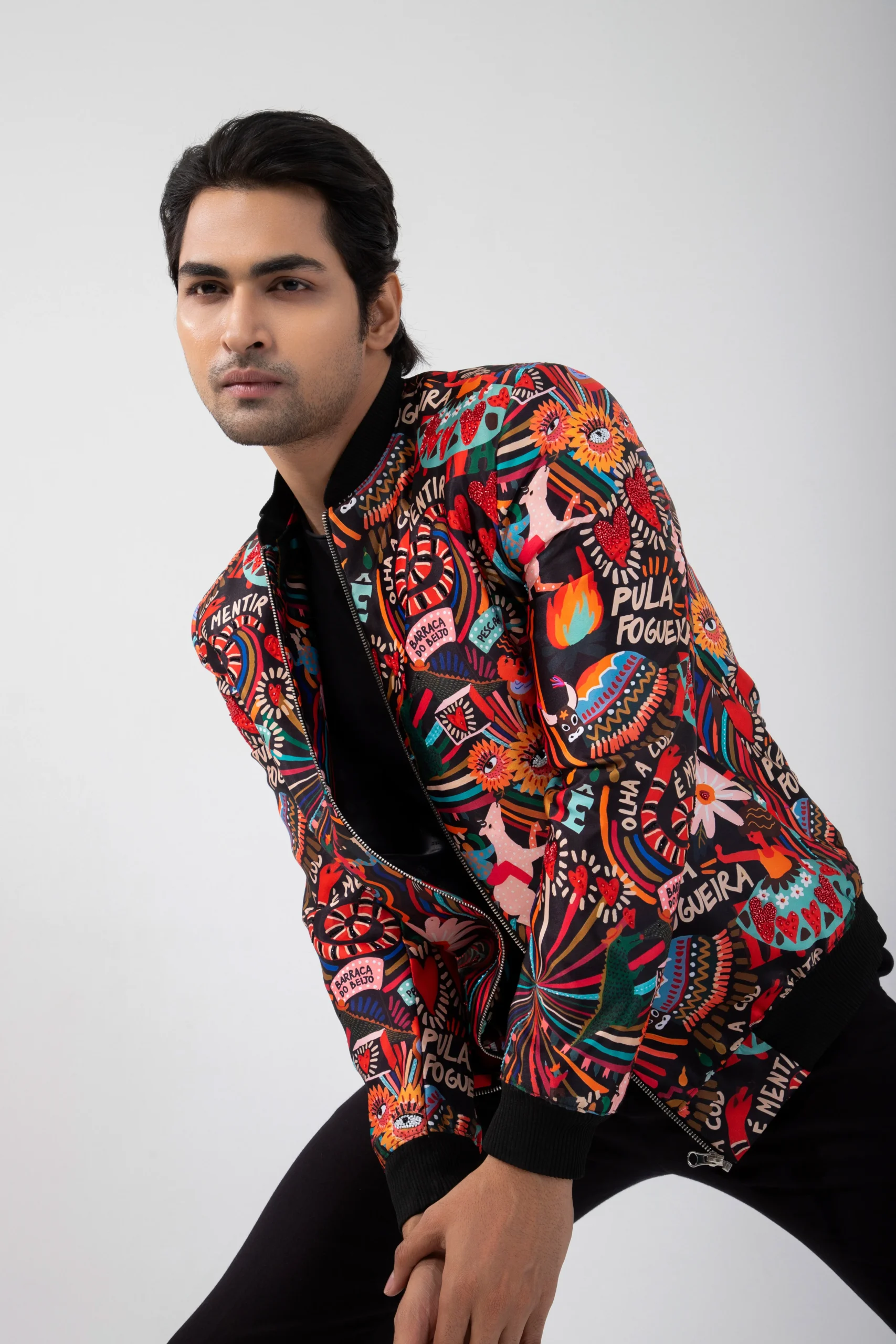 Vibrant Fusion multi-colored embroidered bomber jacket from Golden Muslin By Anuj Agarwal