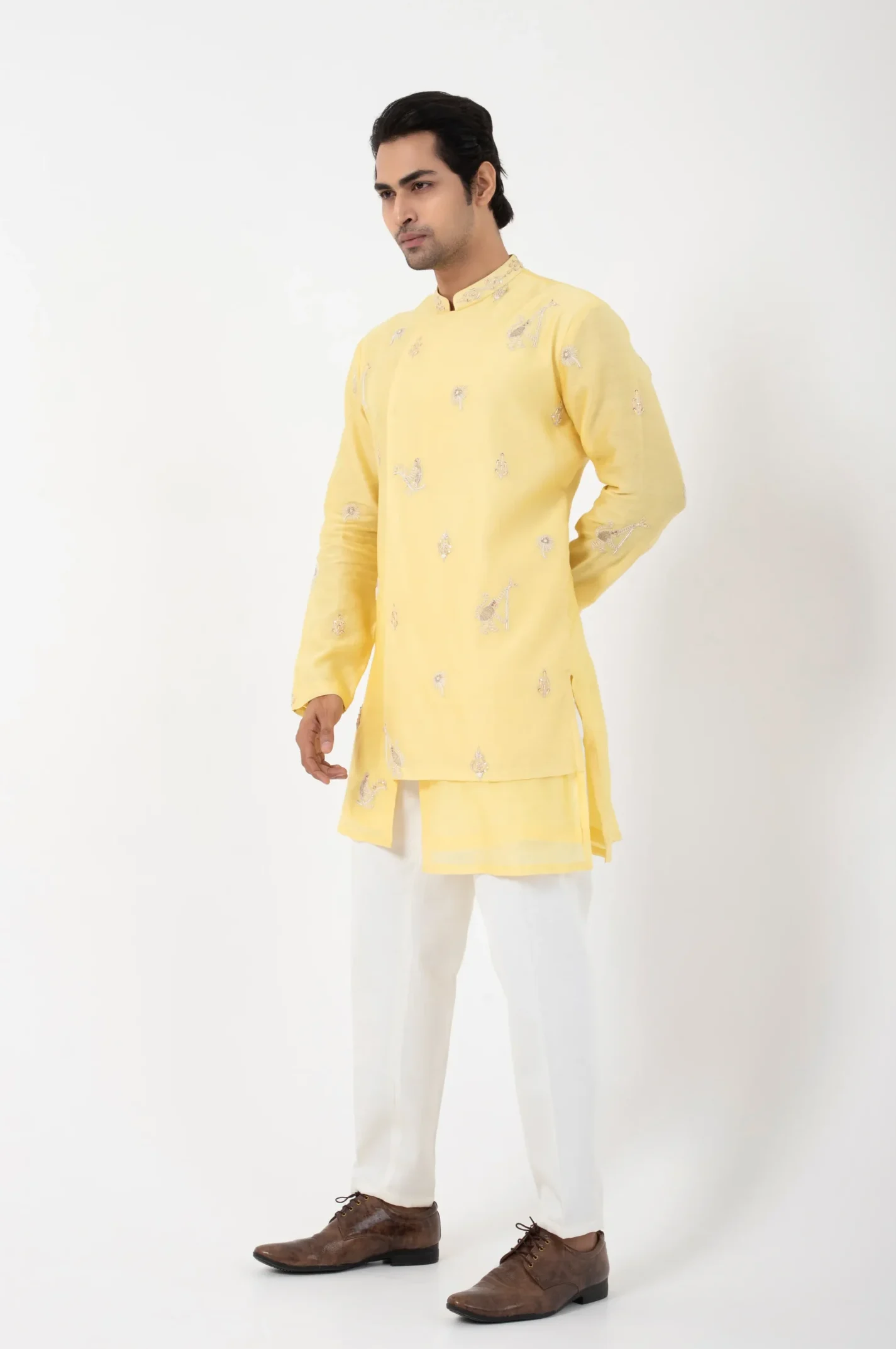 Pale Yellow Asymmetric Embroidered Kurta with modern overlap design from Golden Muslin By Anuj Agarwal