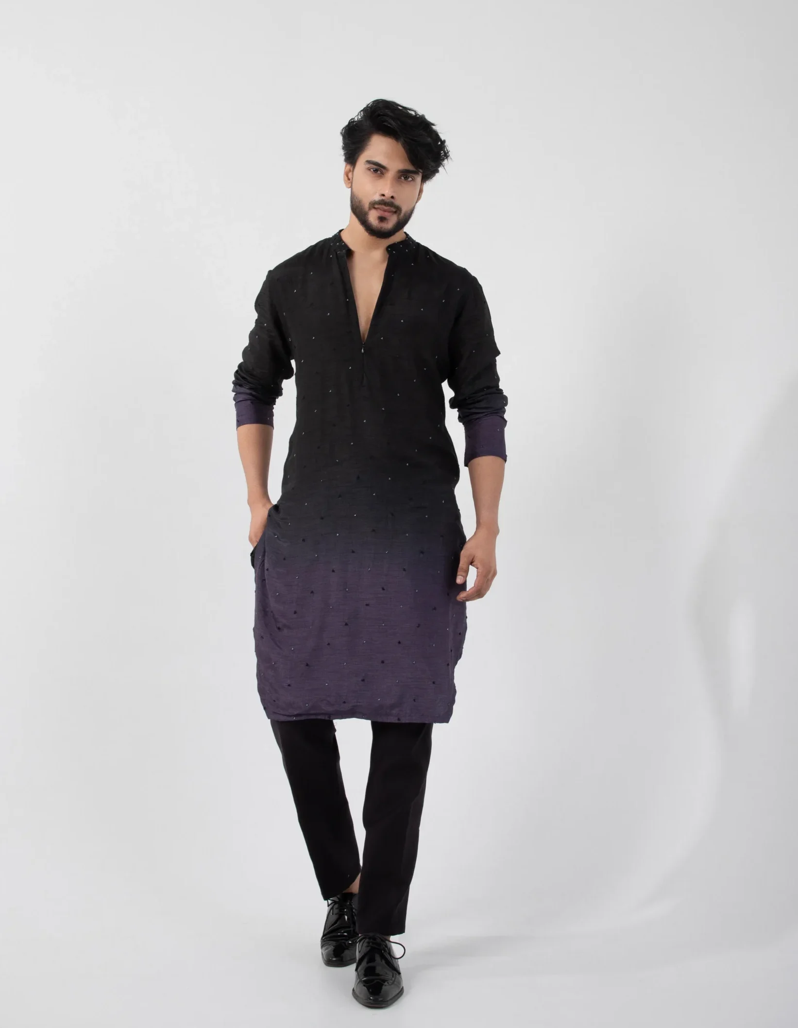 Black to Purple Ombre Fusion Kurta Set with mandarin collar from Golden Muslin By Anuj Agarwal
