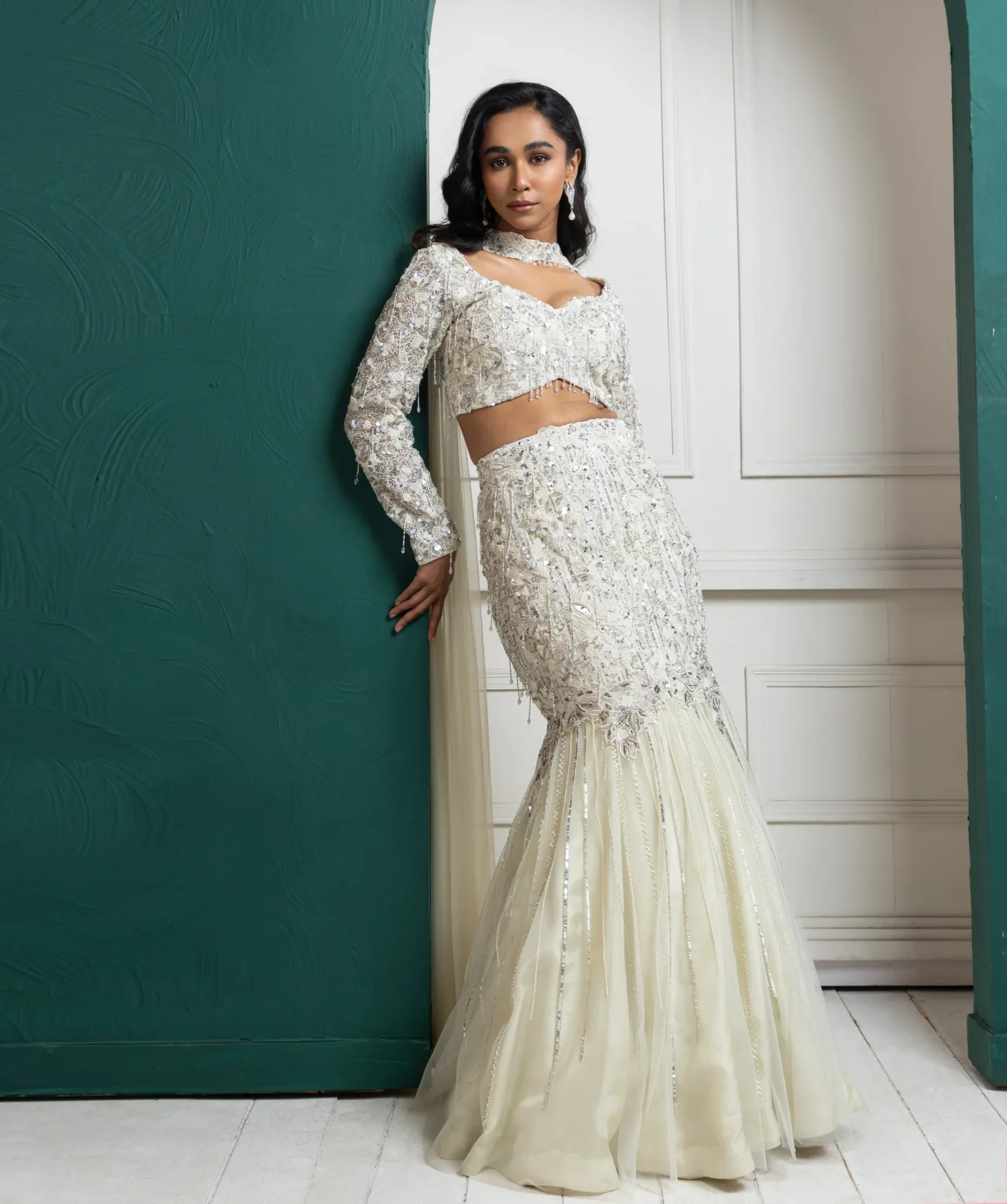 Ivory Crystal Embellished Lehenga Set with front knot blouse from Golden Muslin By Anuj Agarwal