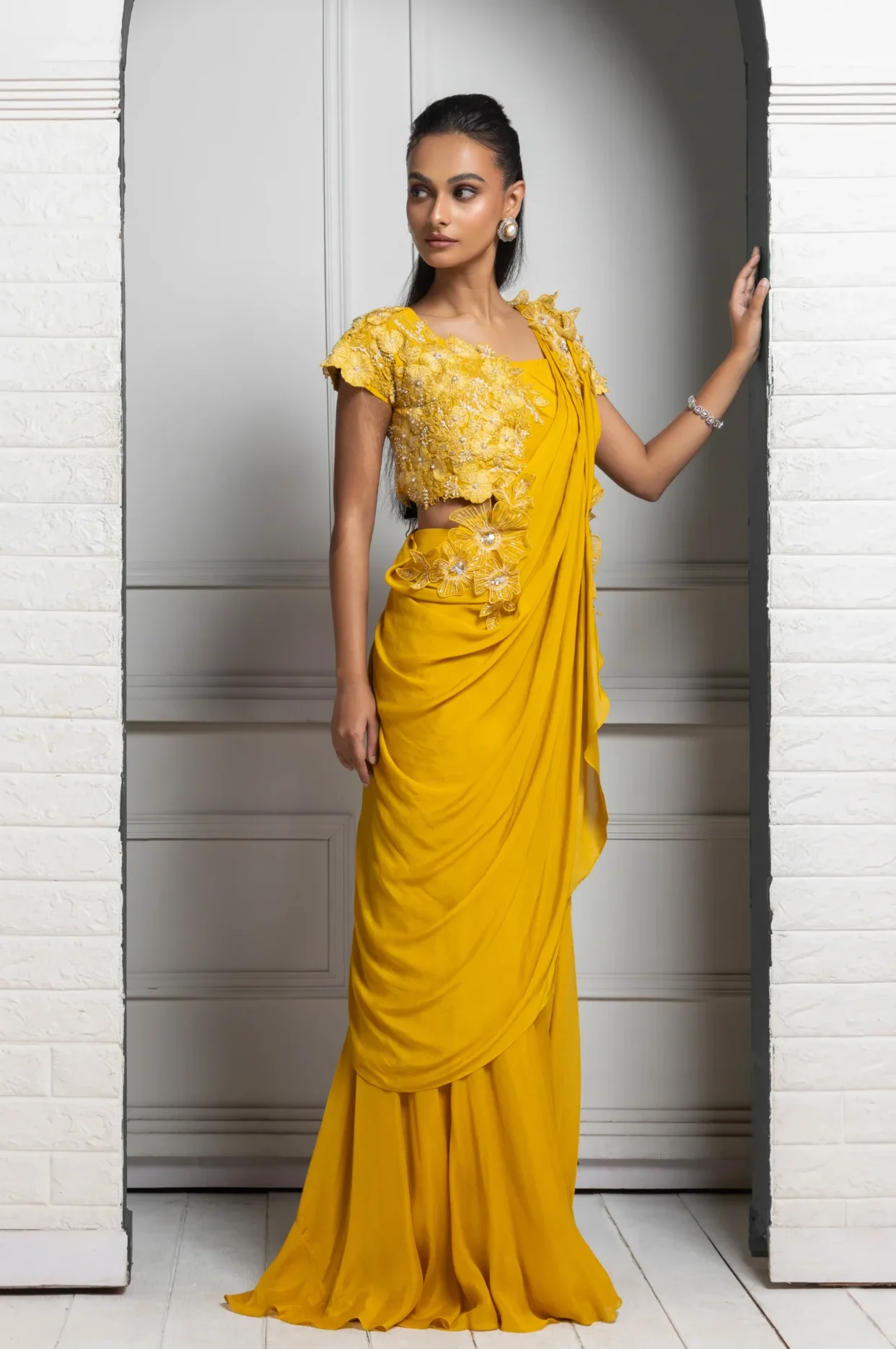 Mustard Yellow Draped Embellished Ensemble with lace applique from Golden Muslin By Anuj Agarwal