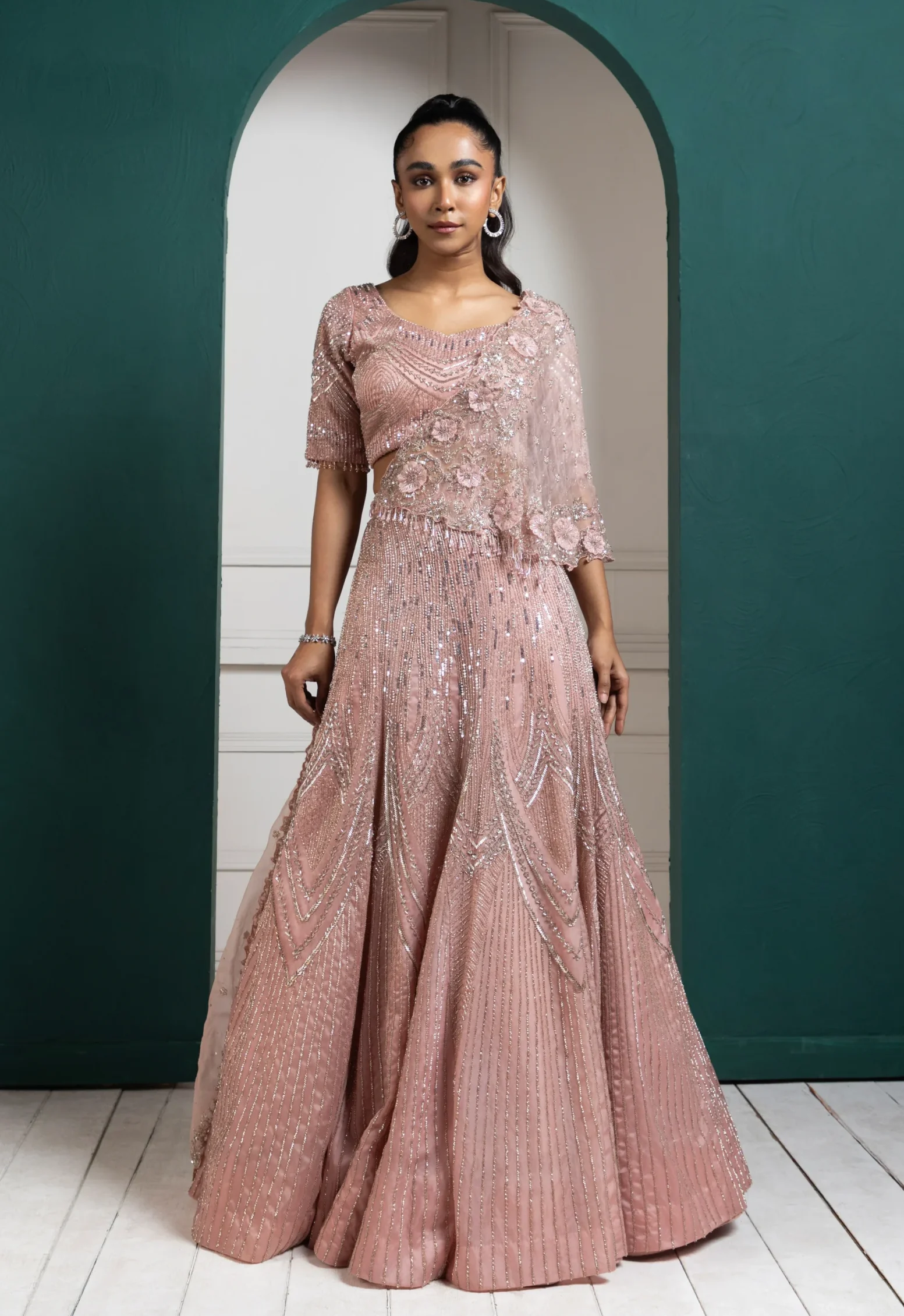 Rose Embroidered Lehenga Set with embellished blouse and dupatta from Golden Muslin By Anuj Agarwal