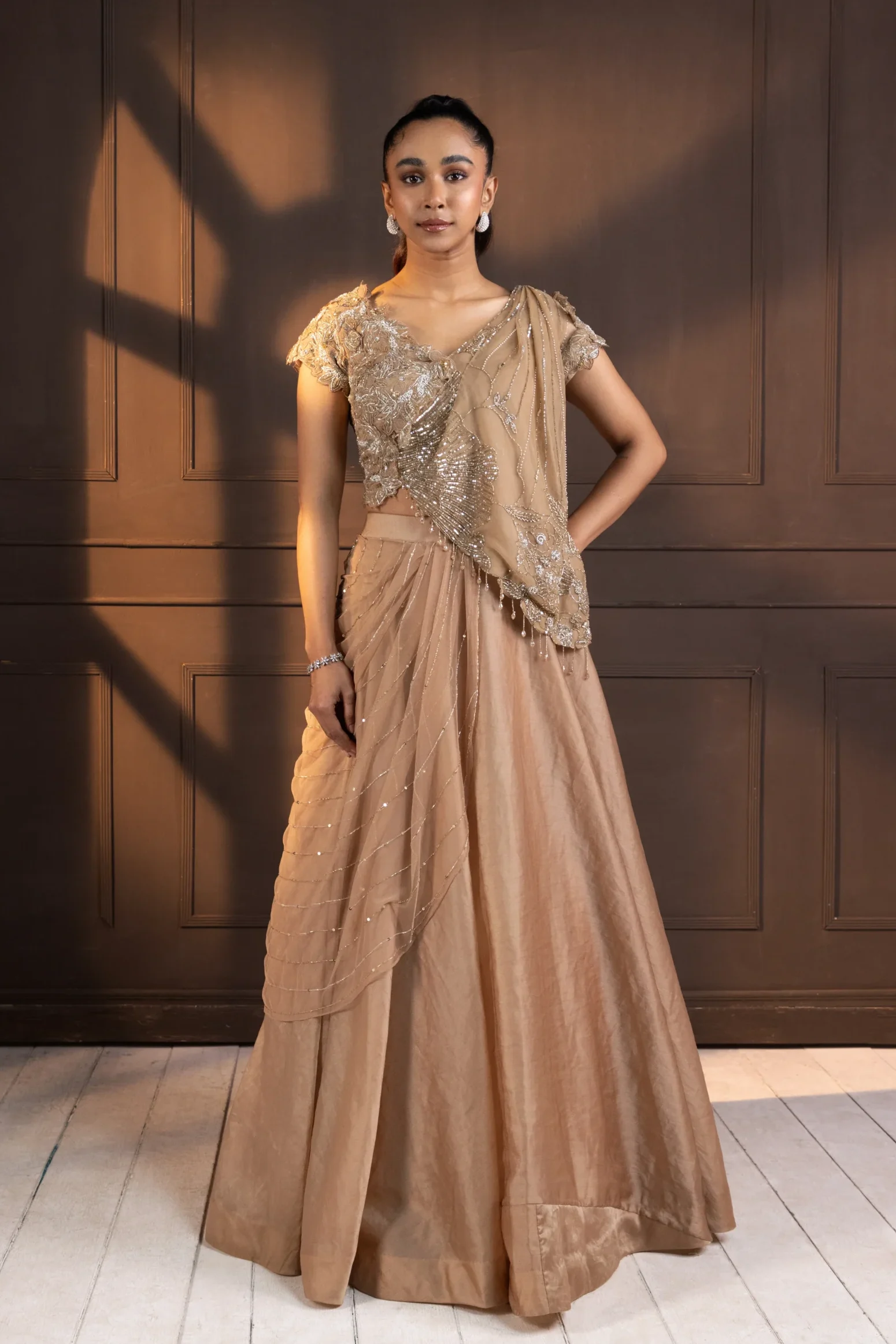 Taupe Embroidered Fusion Gown with silver threadwork from Golden Muslin By Anuj Agarwal