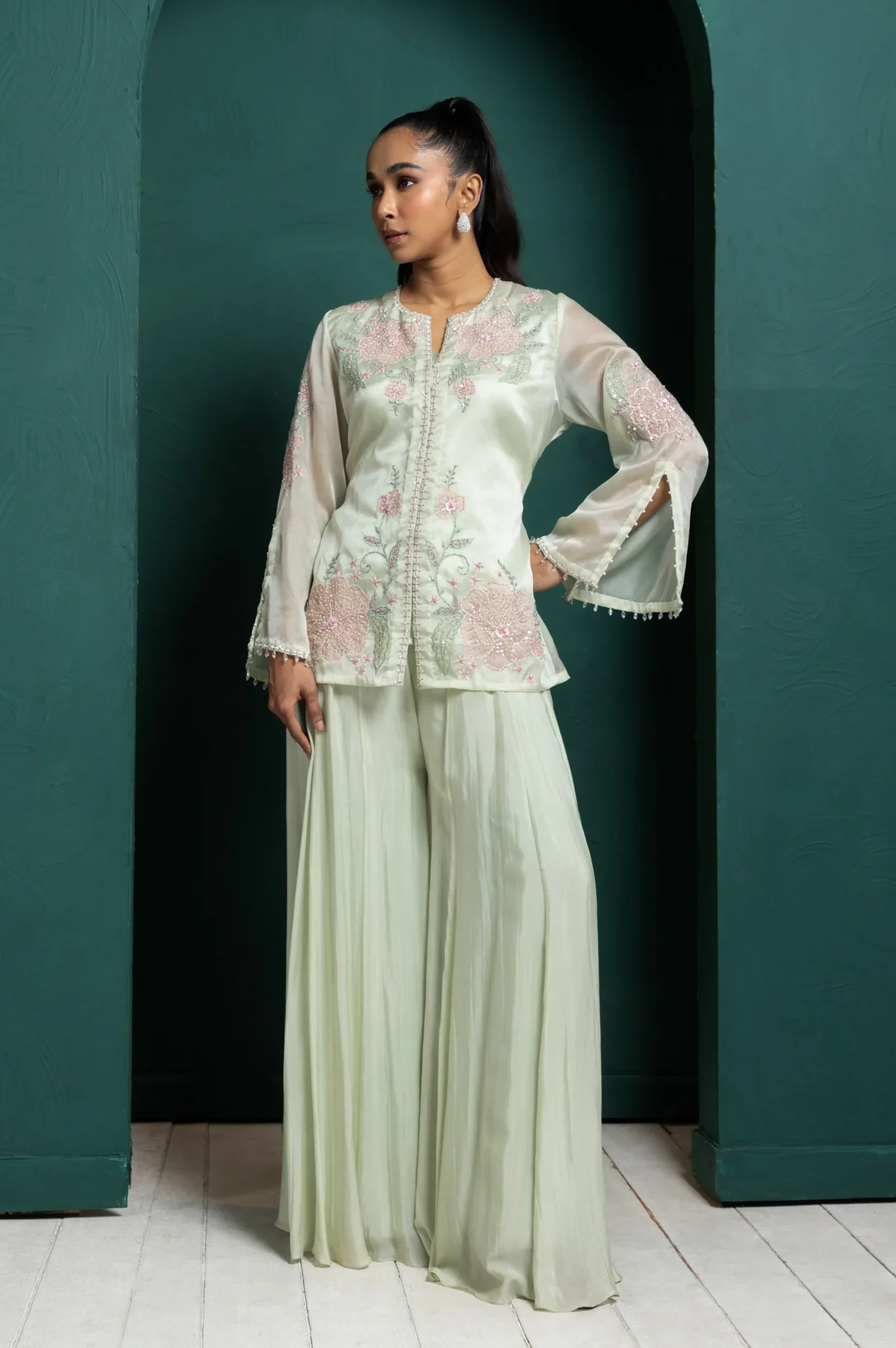 Mint Whisper Embroidered Jacket Set with floral embroidery from Golden Muslin By Anuj Agarwal