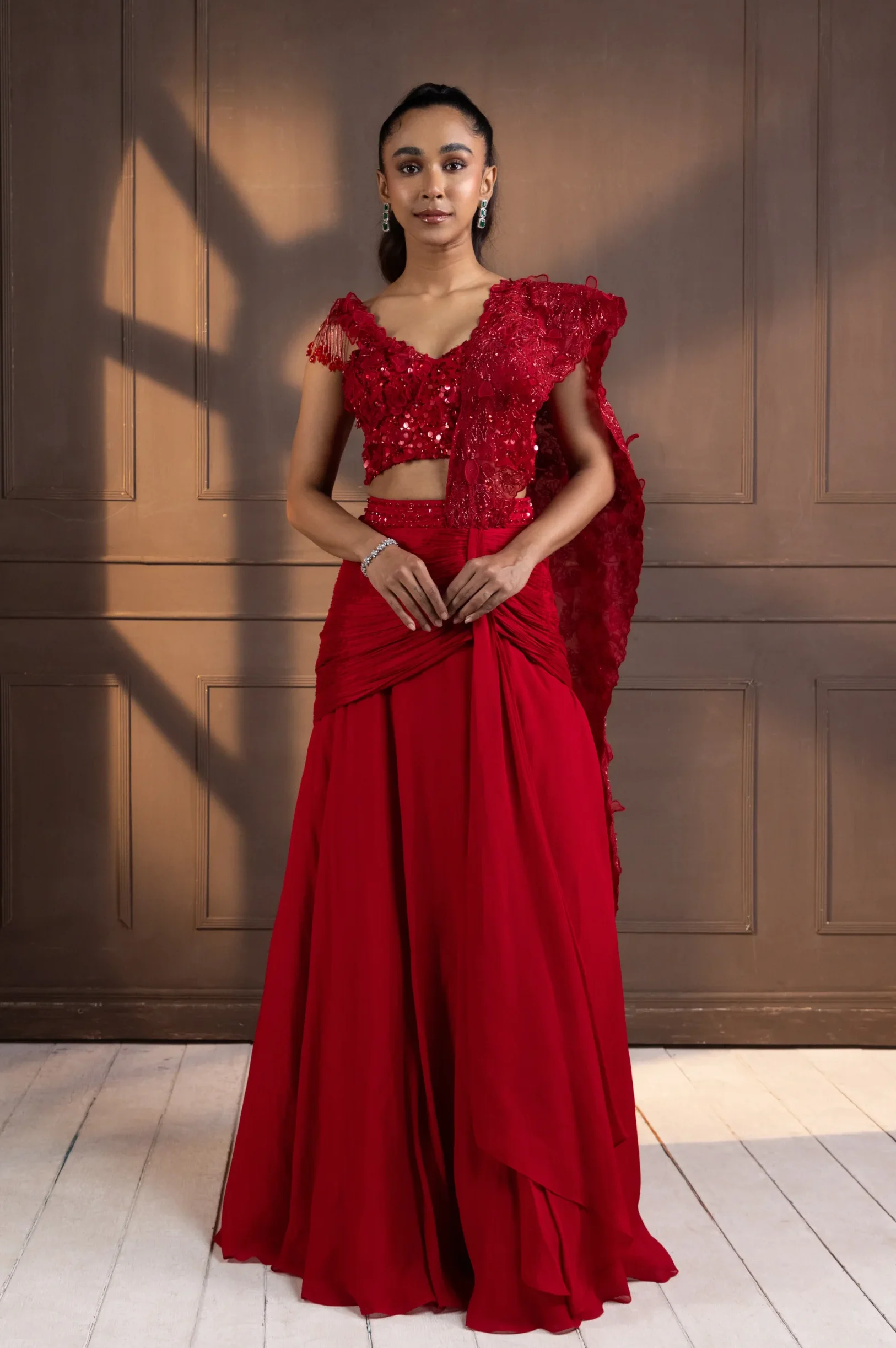 Red Embellished Drape Saree with floral lace applique from Golden Muslin By Anuj Agarwal