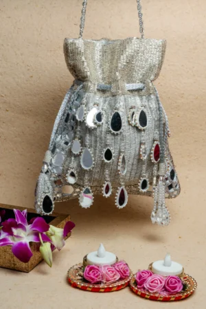 Silver Mirror & Abla Work Potli with Pearl Tassels and Beaded Detailing