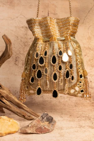 Gold Mirror & Abla Work Potli with Pearl Tassels and Beaded Embellishments