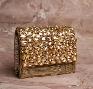Gold Crystal & Beaded Evening Clutch with Structured Frame and Luxe Finish