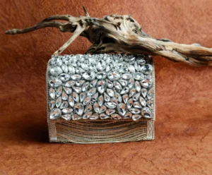 Silver Crystal & Beaded Evening Clutch with Structured Frame and Luxe Finish