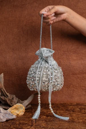 Silver Beaded Embellished Potli Bag with Intricate Detailing and Tassel Finish