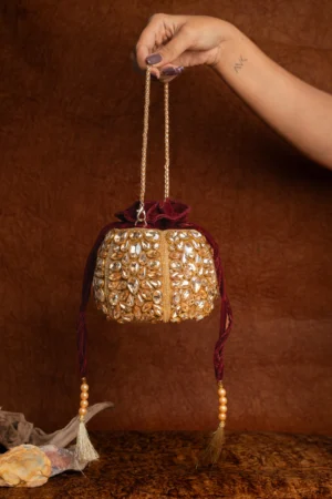 Maroon Beaded Embellished Potli Bag with Gold Detailing and Tassel Finish