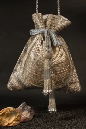 Silver Chain Embroidered Potli Bag with Layered Arc Detailing and Luxe Finish