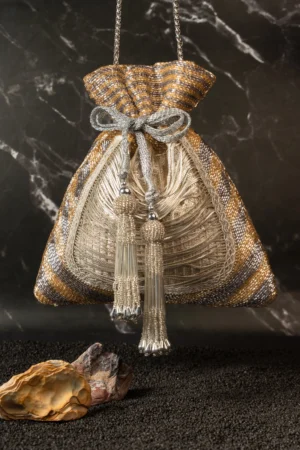 Hinted Silver & Gold Beaded Potli Bag with Tassel Detailing and Drawstring