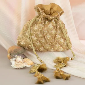 Gold Sequins Scalloped Potli with Delicate Pearl Embellished Detailing