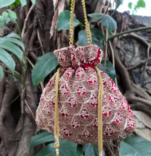 Red and Gold Sequins Scalloped Potli with Delicate Pearl Embellishment