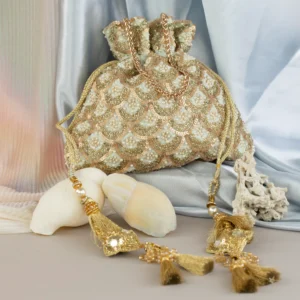 Sea Green and Gold Sequins Scalloped Potli with Delicate Pearl Work