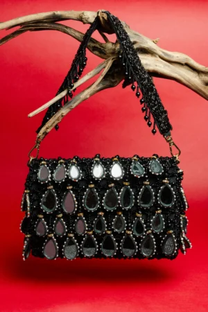 Black Mirror Embellished Box Potli with Pearl Beadwork and Tassel Detail