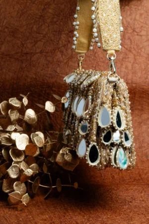 Gold Mirror Embellished Box Potli with Pearl Beadwork and Tassel Detail