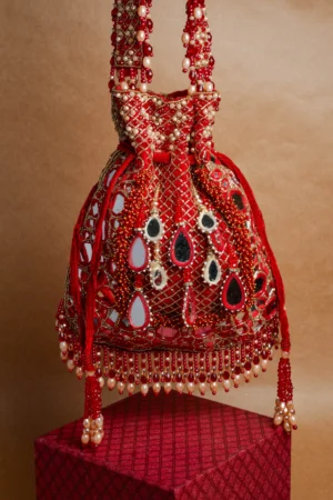 Red Mirror and Abla Work Potli with Pearl Finish and Tassel Detail