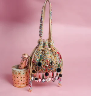 Gold Mirror and Multicolor Beaded Potli with Tassels and Festive Charm